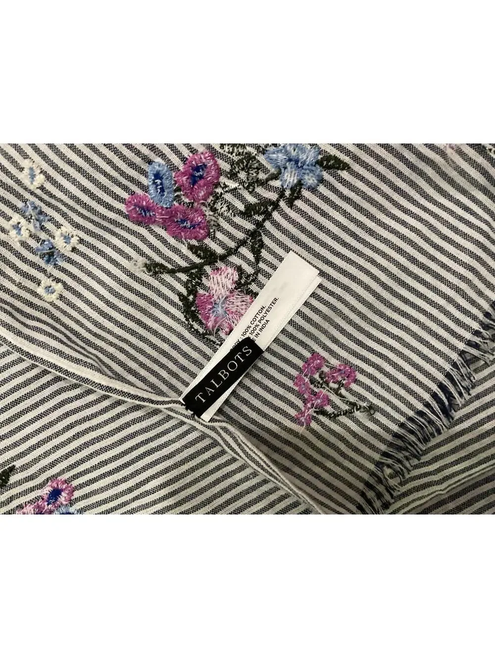 Talbots Striped Floral Embroidered Scarf 70” x30”